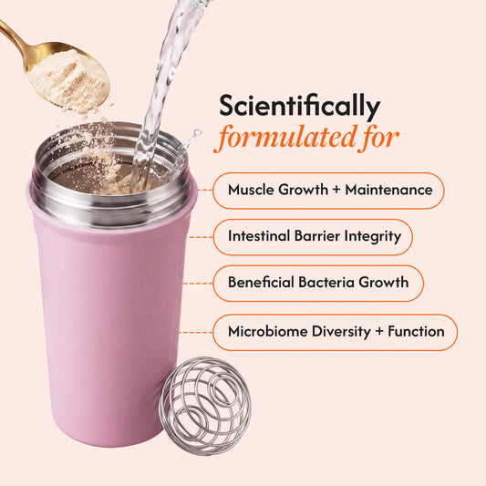 A pink insulated travel tumbler with a stainless steel lid and metal mixing ball, shown with water being poured into it and a spoon of powder above. Text on a pale pink background says the product is scientifically formulated for muscle growth, intestinal barrier integrity, beneficial bacteria growth, and microbiome diversity.