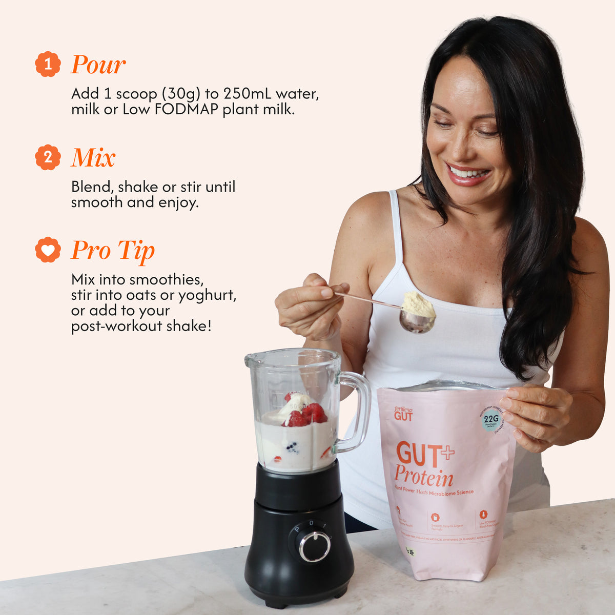 A woman mixing a protein powder with strawberries in a blender, standing next to a pink bag of GUT Labs Protein. The image includes a step-by-step guide on the left with text overlays: '1.