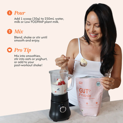 A woman mixing a protein powder with strawberries in a blender, standing next to a pink bag of GUT Labs Protein. The image includes a step-by-step guide on the left with text overlays: '1.
