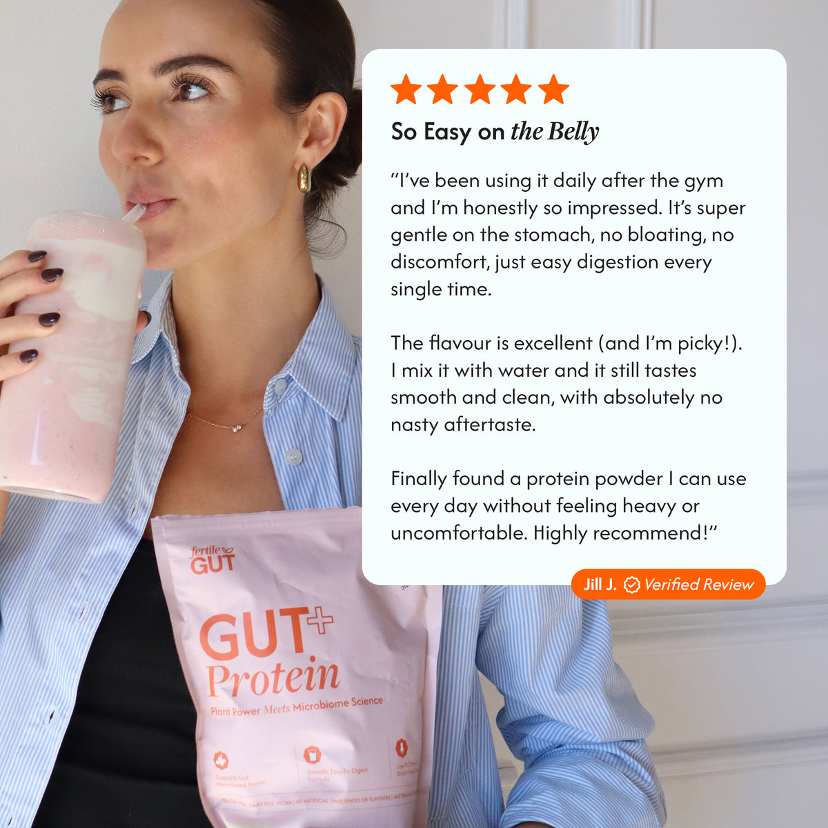 A woman in a blue striped shirt drinks a pink protein shake while holding a bag of GUT+ Protein. A large white review card with star ratings and a customer testimonial is overlaid on the right side of the image.