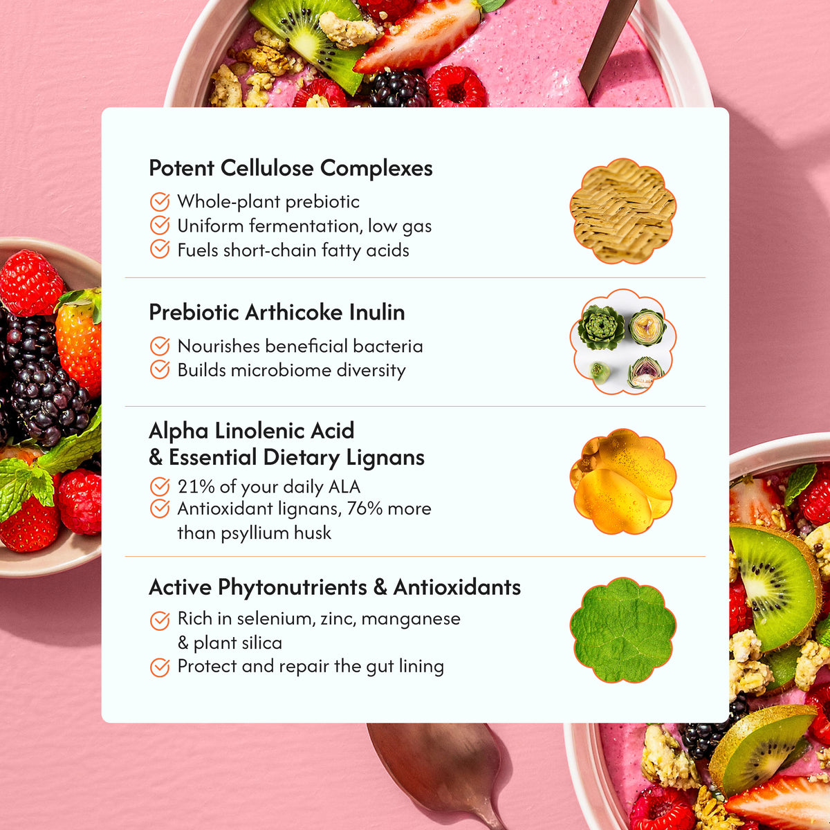 A promotional graphic for a prebiotic supplement, featuring a central white text panel detailing its benefits: 'Potent Cellulose Complexes,' 'Prebiotic Artichoke Inulin,' 'Alpha Linolenic Acid & Essential Dietary Lignans,' and 'Active Phytonutrients & Antioxidants.' The background is a styled pink food scene with bowls of pink smoothie, fresh strawberries, kiwi, and blueberries, and a spoon at the top right.