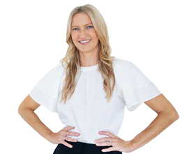 Woman wearing a white blouse with a plain background